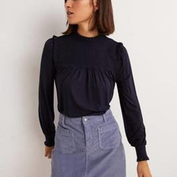 Boden Navy Blue Long Sleeve Blouse Ruffle Smock High Neck - Picture 1 of 11